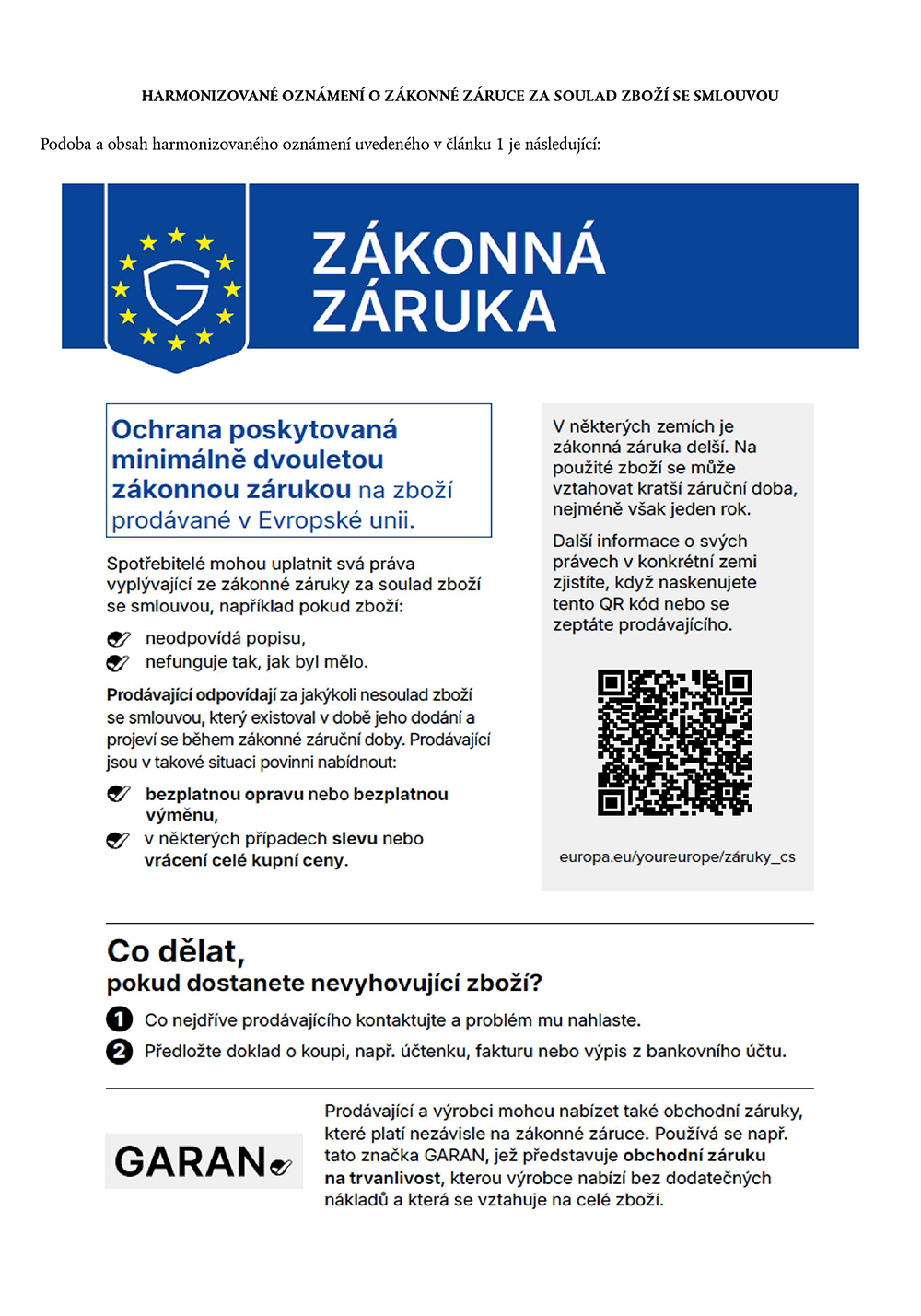 Zákonná záruka – harmonizované oznámení o právech spotřebitele v Evropské unii