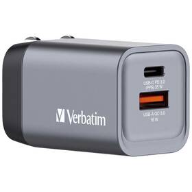 Nabíječka do sítě Verbatim GNC-35 GaN 35W, 1x USB-C PD 35W, 1x USB-A QC 3.0 (32200) stříbrná