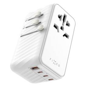 Cestovní adaptér FIXED Voyager 120W pro EU, UK a USA/AUS, s 3xUSB-C a 1xUSB bílá barva
