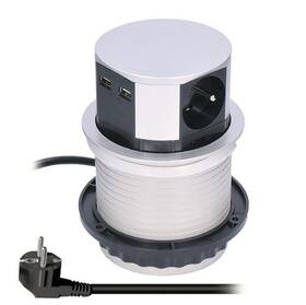 Kabel prodlužovací Solight výsuvný blok, 3x zásuvka, 2x, USB, 1,5m (PP100USB) stříbrný