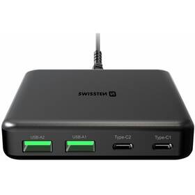 Nabíječka do sítě Swissten GaN 2x USB-C, 2x USB-A, 65 W, PD černá barva
