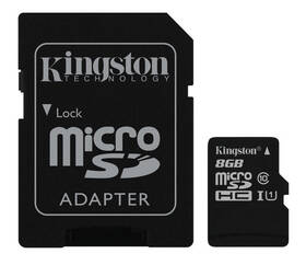Paměťová karta Kingston MicroSDHC 8GB UHS-I U1 (45R/10W) + adapter (SDC10G2/8GB)