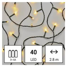Vánoční osvětlení EMOS 40 LED řetěz, 2,8 m, 3x AA, venkovní i vnitřní, teplá bílá, časovač 
