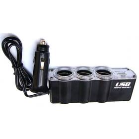 Adaptér do auta WG 3x 12V + USB s prodloužením černá barva
