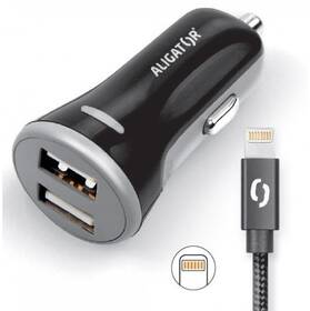 Adaptér do auta Aligator 2xUSB, smart IC, 3,4A + Lightning kabel černá barva
