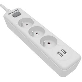 Kabel prodlužovací Philips 3x zásuvka + 2x USB-A, s vypínačem, 2 m (SPN3032WA/60) bílý