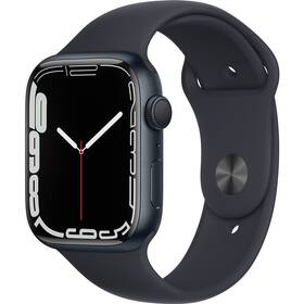 Chytré hodinky Apple Watch Series 7 GPS, 45mm pouzdro z půlnočně inkoustového hliníku - temně inkoustový sportovní řemínek (MKN53HC/A)