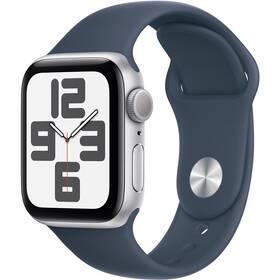 Chytré hodinky Apple Watch SE 2023 GPS 44mm pouzdro ze stříbrného hliníku - bouřkově modrý sportovní řemínek - M/L (MREE3QC/A)