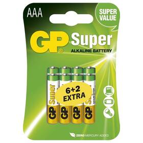 Baterie alkalická GP Super AAA, LR03, blistr 6+2ks (B13118)