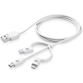 Kabel CellularLine USB/Lightning + Micro USB + USB-C, 1,2m (USBDATA3IN1MFITYCW) bílý