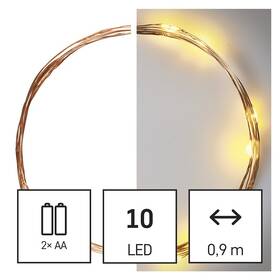 Vánoční osvětlení EMOS 10 LED nano řetěz měděný, 0,9 m, 2x AA, vnitřní, teplá bílá, časovač (D3AW06)