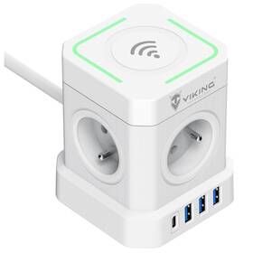 Kabel prodlužovací Viking ACT44W, 4× zásuvka 230V, 3× USB, 1× USB-C, délka 2m bílá barva
