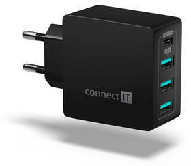 Nabíječka do sítě Connect IT Fast Charge 3x USB + 1x USB-C, 4,8A s funkcí rychlonabíjení (CWC-4060-BK) černá