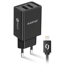 Nabíječka do sítě Aligator 2,4A, 2xUSB, smart IC, USB kabel pro Apple (CHA0044) černá