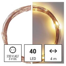 Vánoční osvětlení EMOS 40 LED nano řetěz měděný, 4 m, venkovní i vnitřní, teplá bílá, časovač (D3AW01)
