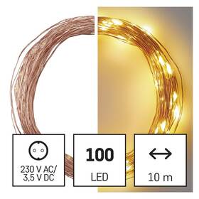 Vánoční osvětlení EMOS 100 LED nano řetěz měděný, 10 m, venkovní i vnitřní, teplá bílá, časovač (D3AW02)