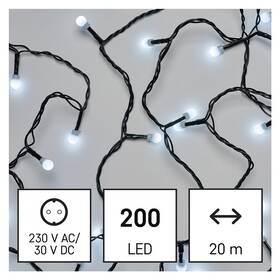Vánoční osvětlení EMOS 200 LED cherry řetěz - kuličky, 20 m, venkovní i vnitřní, studená bílá, programy (D5AC07)