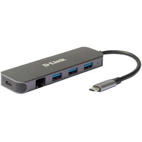 USB Hub D-Link 5v1 z USB-C na Gigabit Ethernet a funkcí Power Delivery (DUB-2334) šedý
