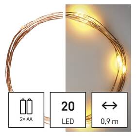 Vánoční osvětlení EMOS 20 LED nano řetěz, 1,9 m, 2x AA, vnitřní, teplá bílá, časovač (D3AW07)