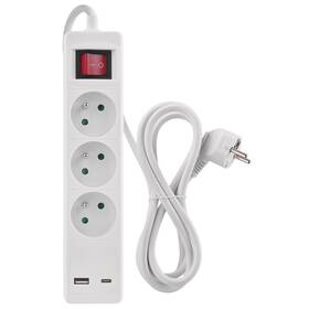 Kabel prodlužovací EMOS 3x zásuvka, 1×USB-A + 1×USB-C vypínač, 2m bílá barva

