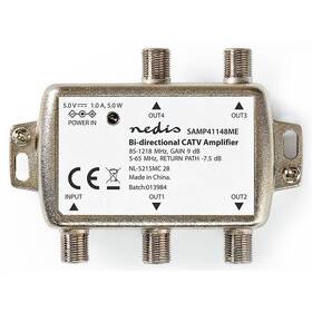 Zesilovač Nedis CATV, Max. zesílení 12 dB, 85-1218 MHz, 4 výstupy, zpětný kanál - 7,5 dB, 5-65 MHz, konektor F (SAMP41148ME)