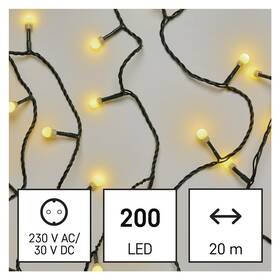 Vánoční osvětlení EMOS 200 LED cherry řetěz - kuličky, 20 m, venkovní i vnitřní, teplá bílá, časovač (D5AW03)