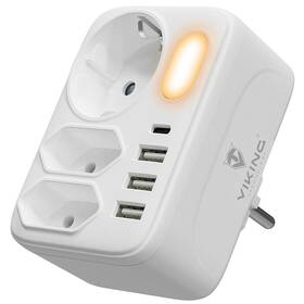 Rozbočovací zásuvka Viking AC34, 3x zásuvka, 3x USB, 1x USB-C bílá barva
