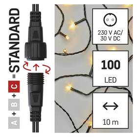 Spojovací řetěz EMOS 100 LED Standard, 10 m, venkovní i vnitřní, teplá bílá, časovač 
