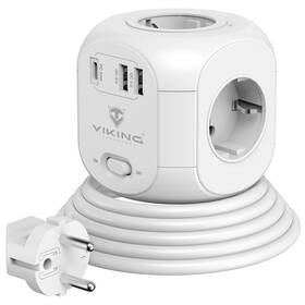 Kabel prodlužovací Viking AC CUBE PD, 4x zásuvka, 2x USB QC, 1x USB-C PD, 1,8m bílá barva
