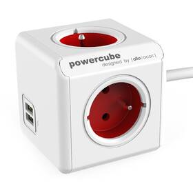 Kabel prodlužovací Powercube Extended USB, 4x zásuvka, 2x USB, 1,5m bílý/červený