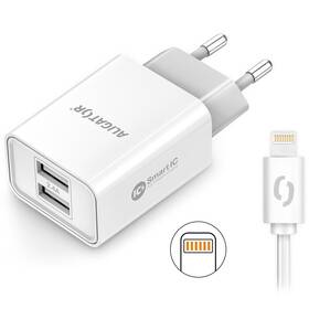 Nabíječka do sítě Aligator 2,4A, 2xUSB, smart IC, USB kabel pro Apple (CHA0045) bílá