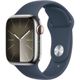 Chytré hodinky Apple Watch Series 9 GPS + Cellular 45mm pouzdro ze stříbrné nerezové oceli - bouřkově modrý sportovní řemínek - M/L (MRMP3QC/A)