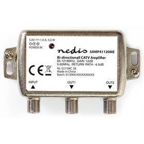 Zesilovač Nedis CATV, Max. zesílení 9 dB, 85-1218 MHz, 2 výstupy, zpětný kanál - 4,5 dB, 5-65 MHz, konektor F (SAMP41120ME)