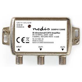 Zesilovač Nedis CATV, Max. zesílení 9 dB, 85-1218 MHz, 2 výstupy, zpětný kanál - 4,5 dB, 5-65 MHz, konektor F 
