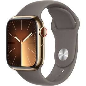 Chytré hodinky Apple Watch Series 9 GPS + Cellular 41mm pouzdro ze zlaté nerezové oceli - jílově šedý sportovní řemínek - S/M (MRJ53QC/A)