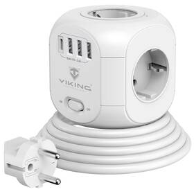 Kabel prodlužovací Viking AC CUBE 4x zásuvka, 3x USB, 1x USB-C, 1,8 m bílá barva
