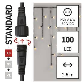 Spojovací řetěz EMOS 100 LED Standard - rampouchy, 2,5 m, venkovní, teplá bílá, časovač (D1CW01)