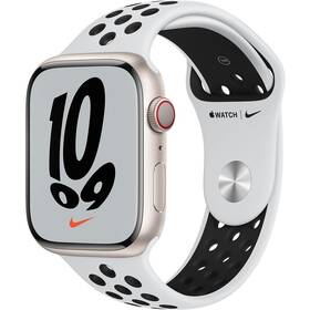Chytré hodinky Apple Watch Nike Series 7 GPS + Cellular, 45mm pouzdro z hvězdně bílého hliníku - platinový / černý sportovní řemínek (MKL43HC/A)