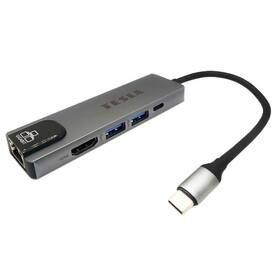USB Hub Tesla Device MP80 5v1, USB-C/2x USB 3.0, USB-C, RJ45, HDMI stříbrný