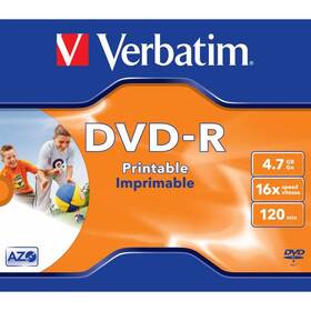 Disk Verbatim DVD-R 4,7GB, 16x, printable, jewel box, 1ks (43521) - rozbaleno - 24 měsíců záruka