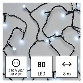 Vánoční osvětlení EMOS 80 LED cherry řetěz - kuličky, 8 m, venkovní i vnitřní, studená bílá, časovač (D5AC02)