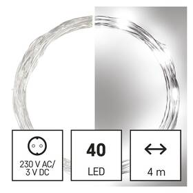 Vánoční osvětlení EMOS 40 LED nano řetěz stříbrný, 4 m, venkovní i vnitřní, studená bílá, časovač (D3AC02)