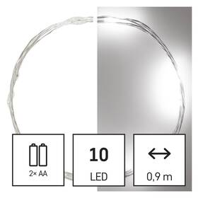 Vánoční osvětlení EMOS 10 LED nano řetěz stříbrný, 0,9 m, 2x AA, vnitřní, studená bílá, časovač (D3AC06)