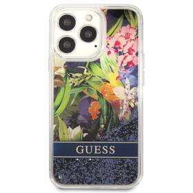 Kryt na mobil Guess Liquid Glitter Flower na Apple iPhone 13 Pro (GUHCP13LLFLSB) modrý