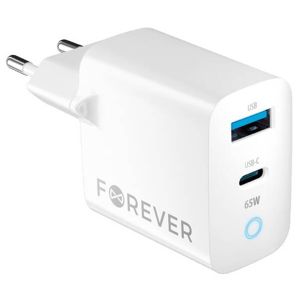 Nabíječka do sítě Forever GaN TC-06-65AC PD QC 1x USB-C, 1x USB, 65W bílá barva
