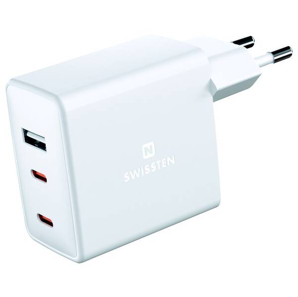 Nabíječka do sítě Swissten GaN 70W, 2x USB-C, 1x USB bílá barva
