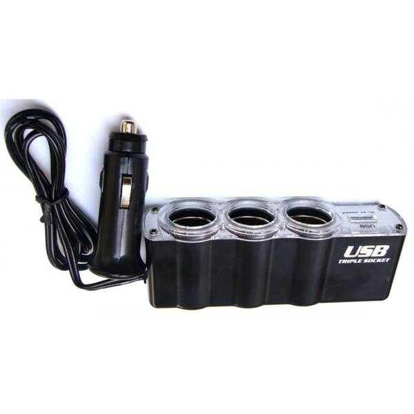 Adaptér do auta WG 3x 12V + USB s prodloužením černá barva
