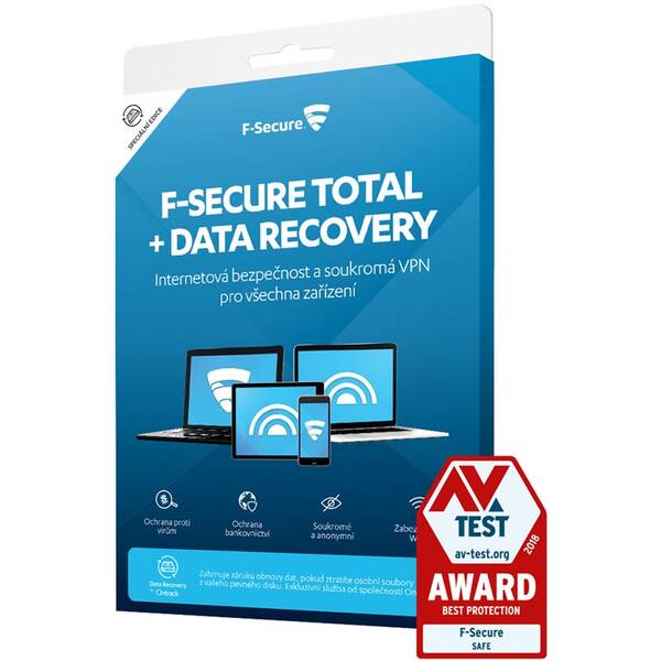 Software F-Secure TOTAL DR - FAMILY, 5 zařízení / 1 rok; Data Recovery 1 zařízení / 1 rok, krabička 
