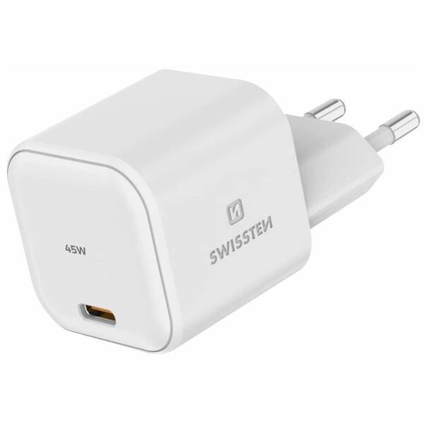 Nabíječka do sítě Swissten GaN, 1x USB-C, 45 W, PD bílá barva
