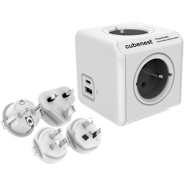 Cestovní adaptér Cubenest PowerCube ReWirable USB PD 20W, 1x USB-A, 1x USB-C, 4x zásuvka šedá barva
